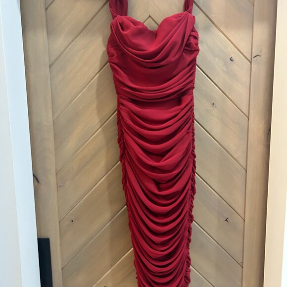 House of CB Carlotta Wine Ruched Draped Chiffon Dress - Picture 3 of 8